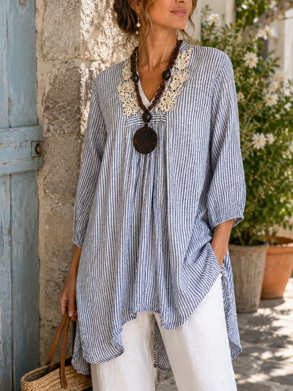 Harmony Culture Blue Stripe Embellished Tunic Top Boho Coastal Chic | Small